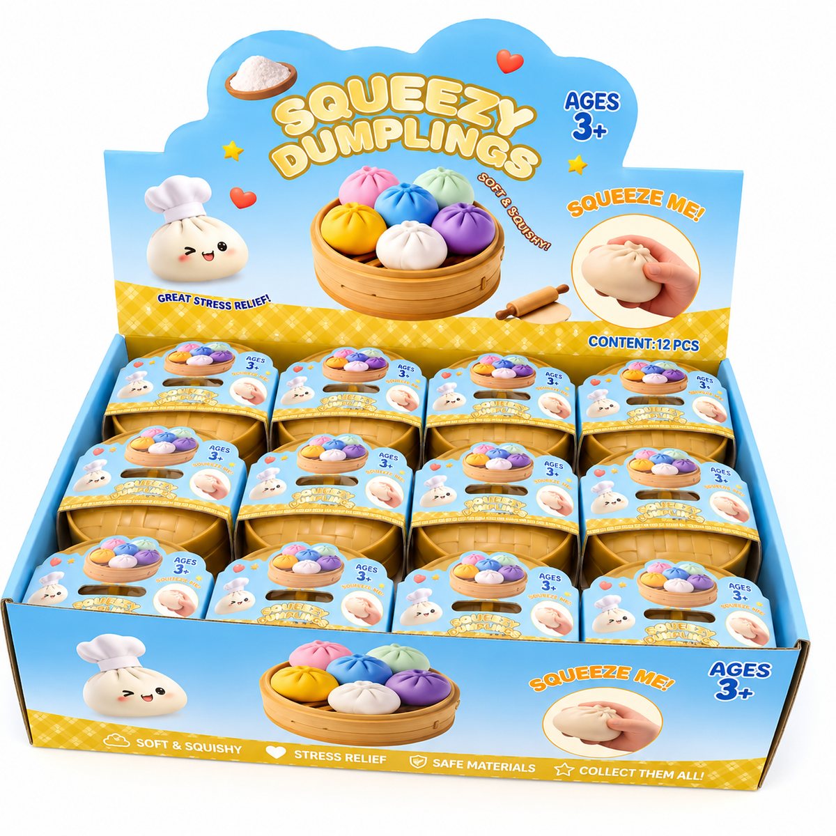 Glitter Dumpling Squishy Blind Box – 12 Cute Random Colours with Bamboo Steamer