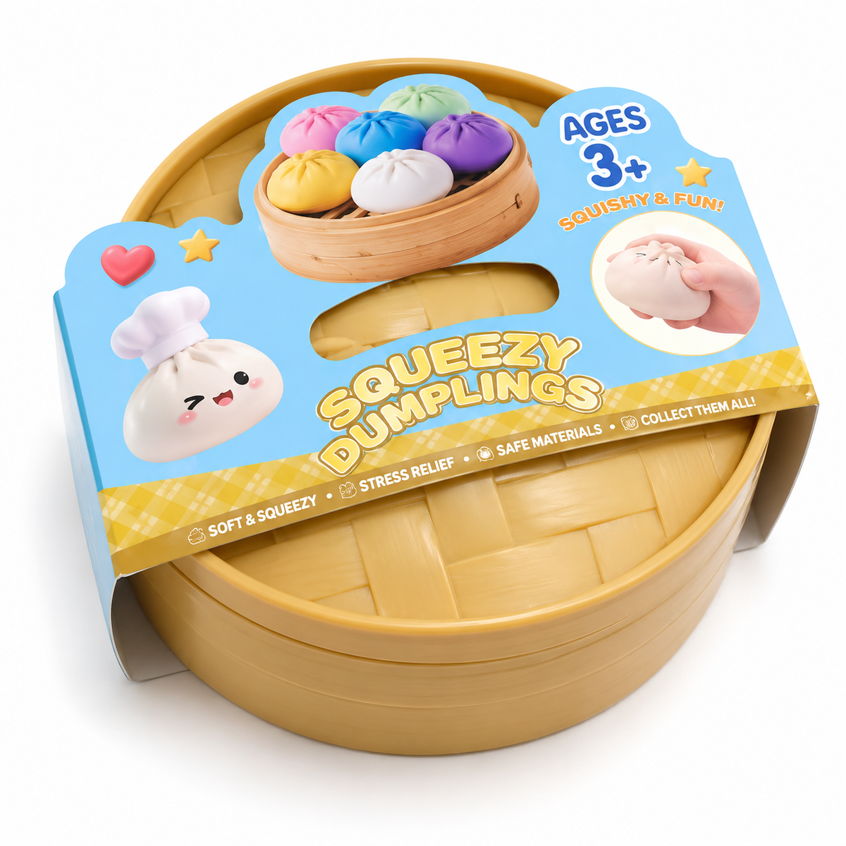 Glitter Dumpling Squishy Blind Box – 12 Cute Random Colours with Bamboo Steamer