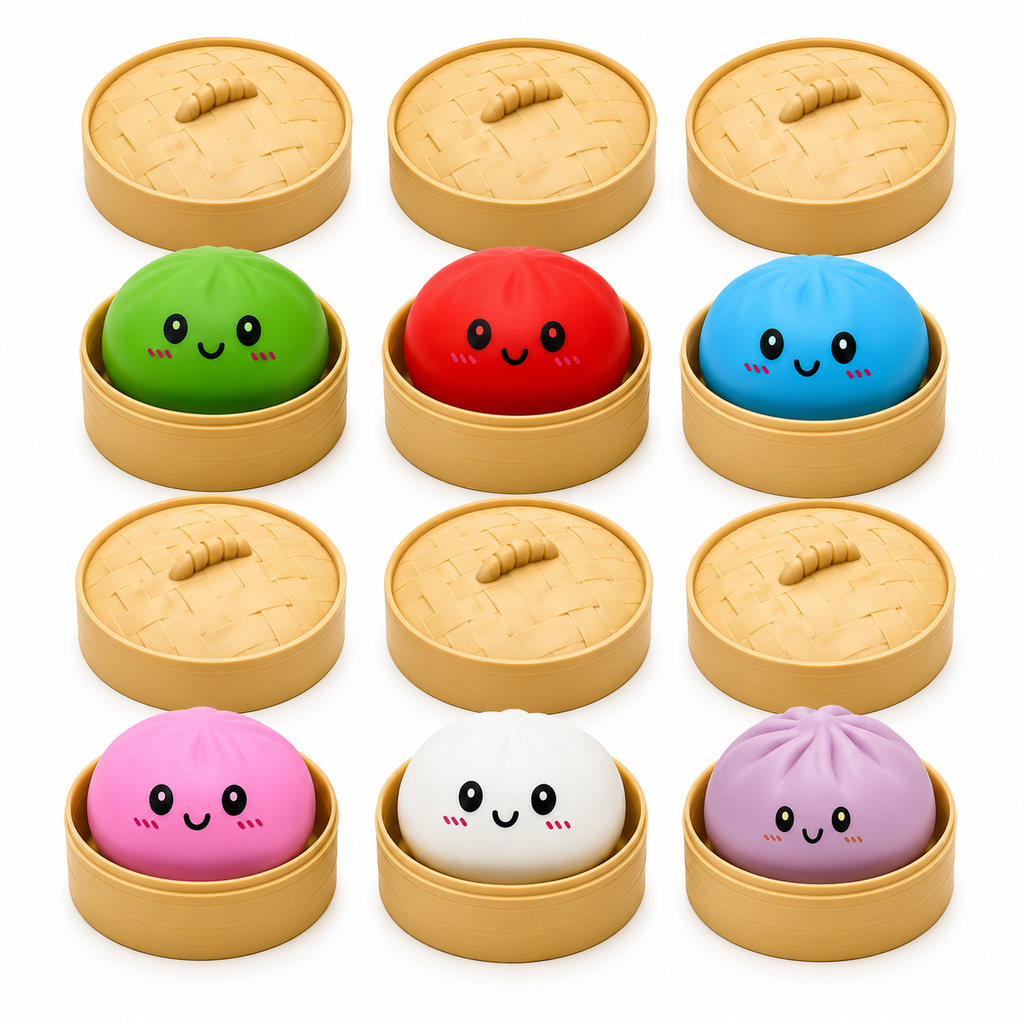 Glitter Dumpling Squishy Blind Box – 12 Cute Random Colours with Bamboo Steamer