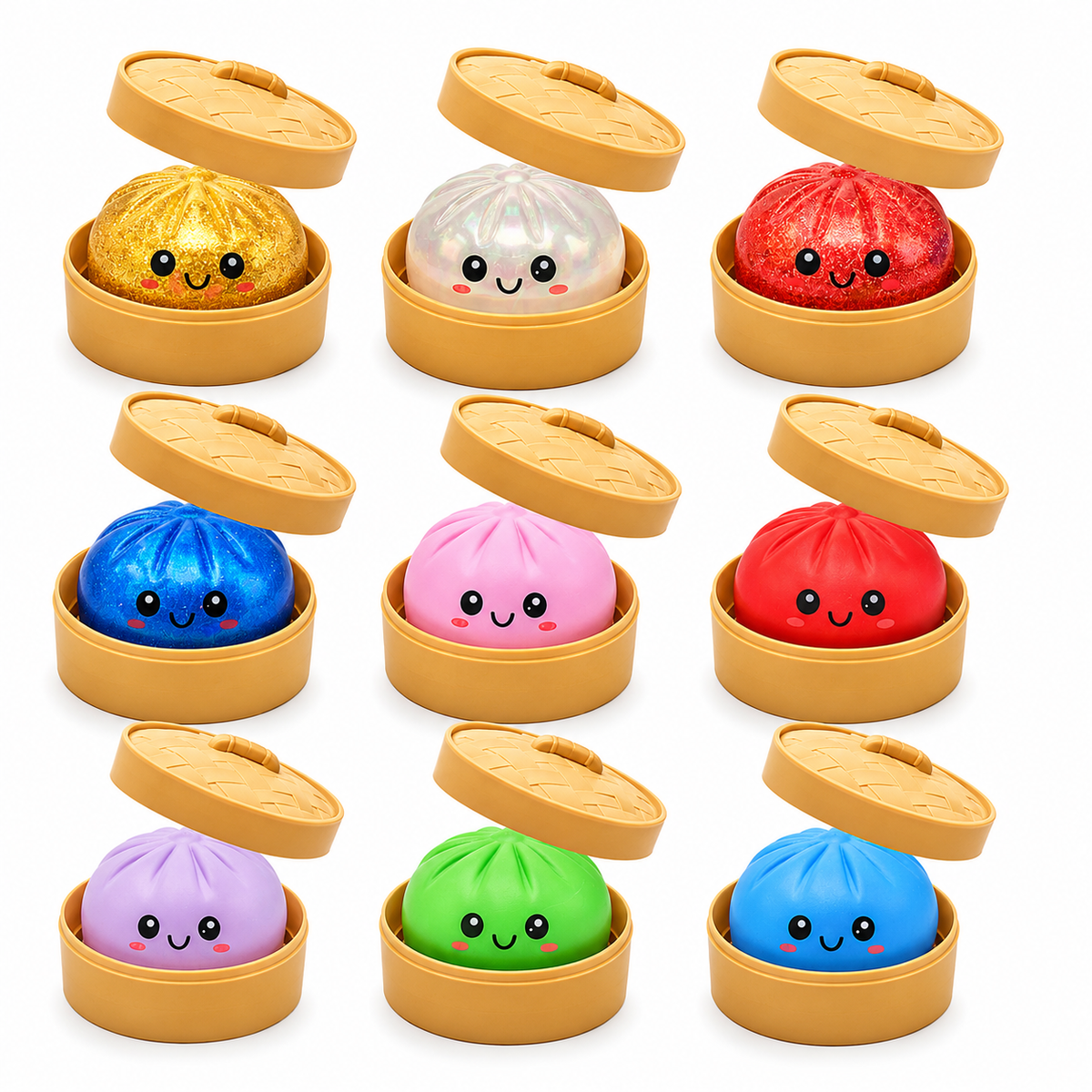 9 Colours Dumpling Squishy Blind Box – Secret Glitter Edition with Bamboo Steamer