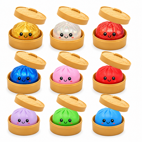 9 Colours Dumpling Squishy Blind Box – Secret Glitter Edition with Bamboo Steamer