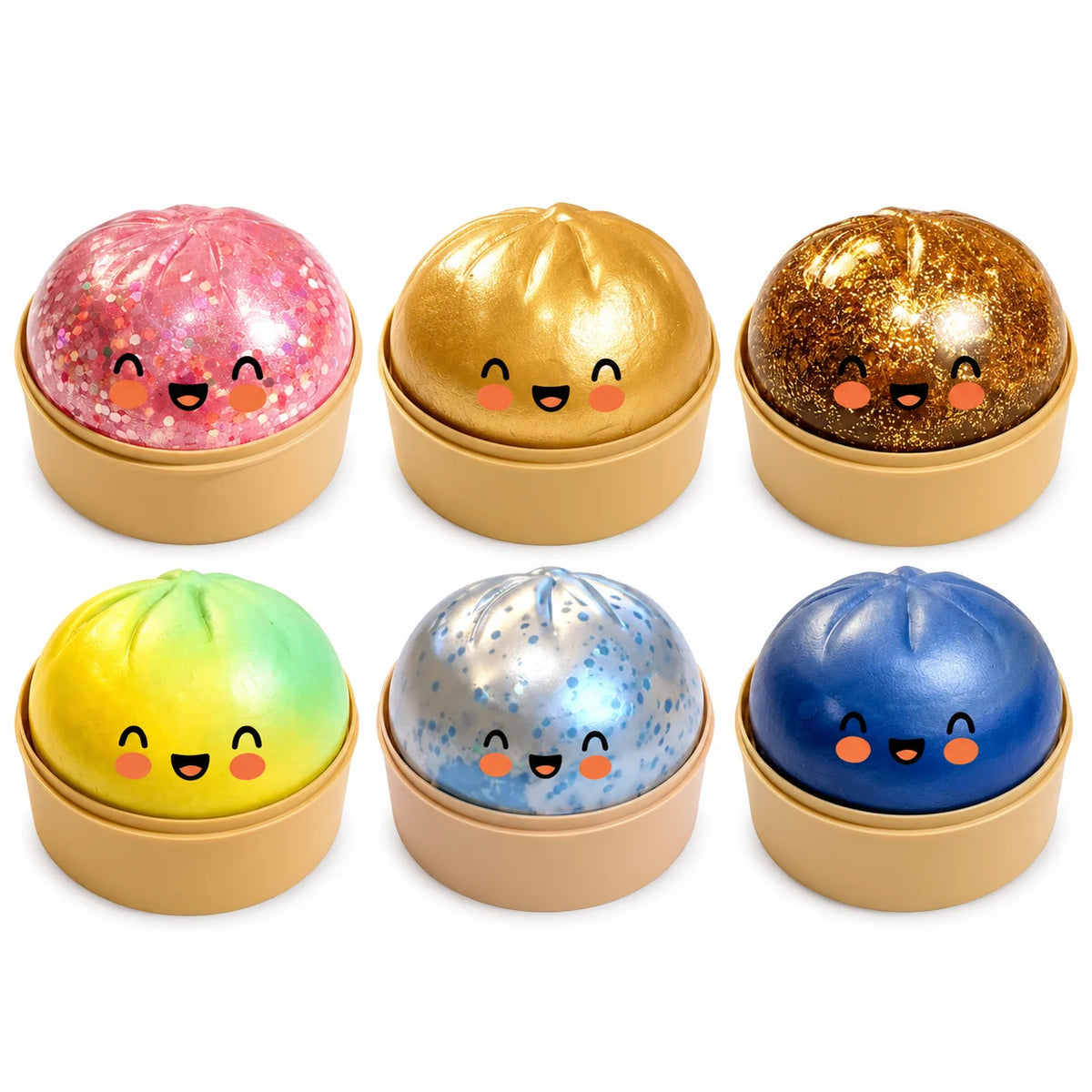 6 Colours Glitter Dumpling Squishy Set – Kawaii Slow Rising Sensory Toys with Bamboo Steamers