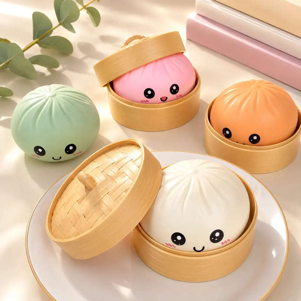 Kawaii Dumpling Squishy – Super Soft Slow-Rising Sensory Toy with Bamboo Steamer