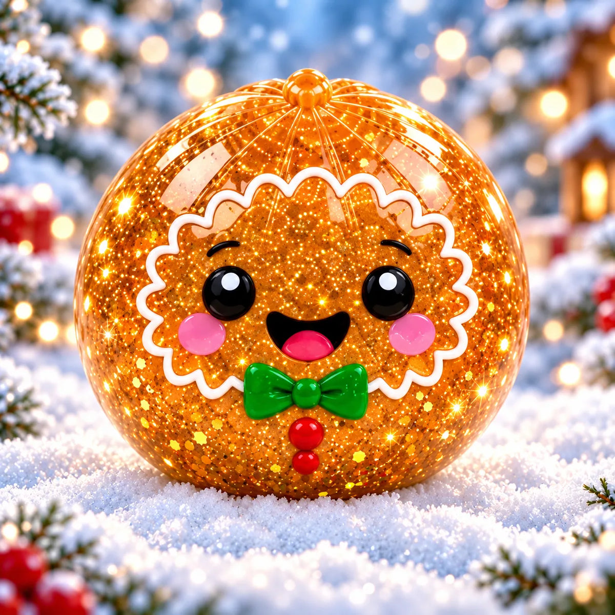 Golden gingerbread-style squishy with a green bow tie. My Squishy UK