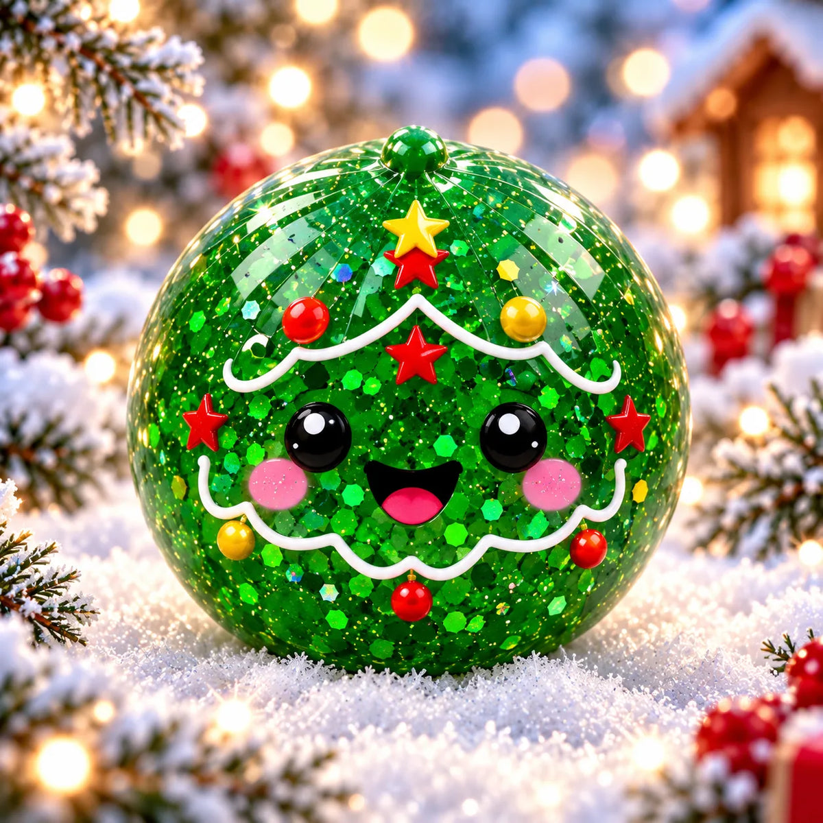 Green Christmas squishy with a cute face and sparkling details. My Squishy UK