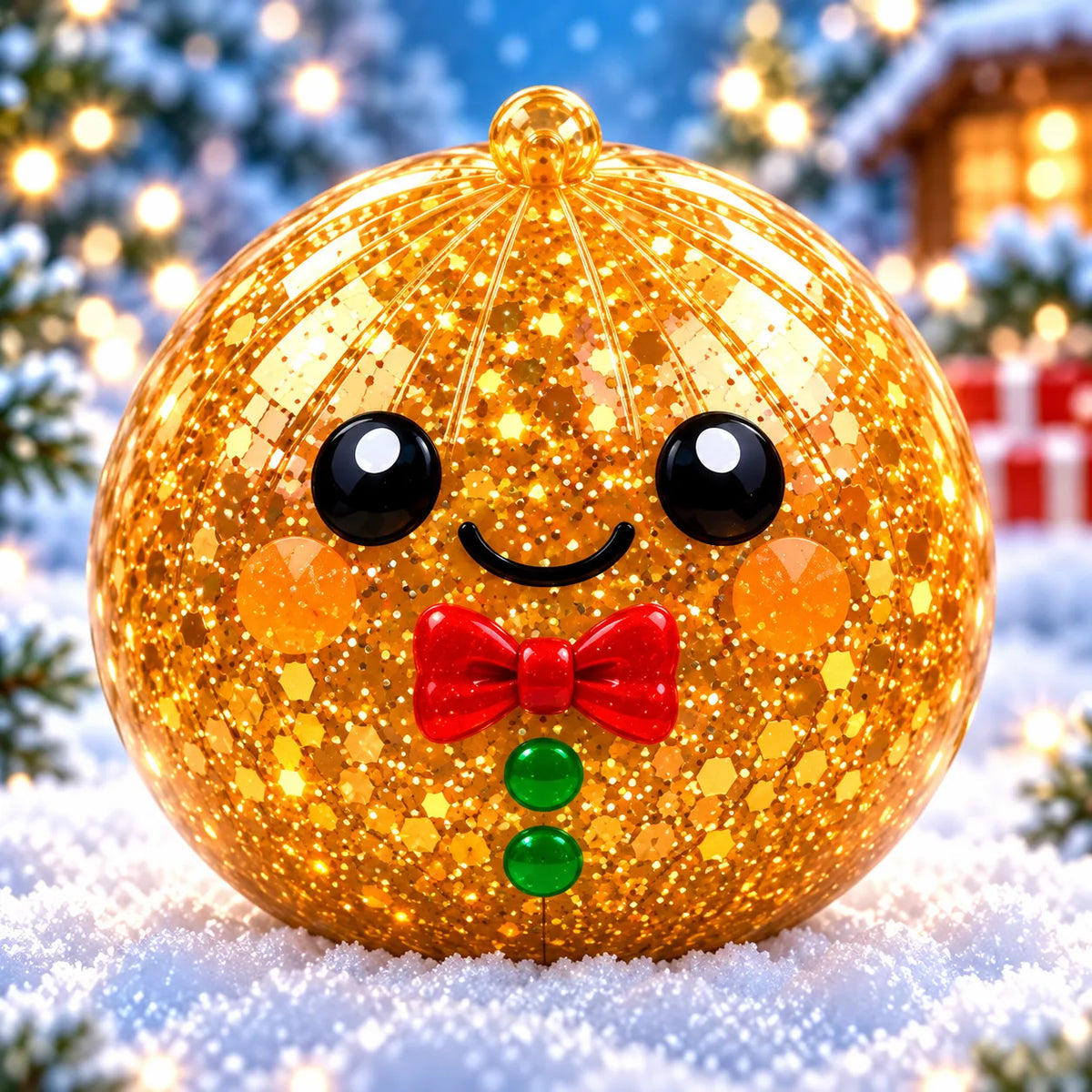 Golden Christmas squishy with a festive bow and cute face. My Squishy UK