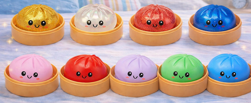 9 Colours Dumpling Squishy Blind Box – Secret Glitter Edition with Bamboo Steamer