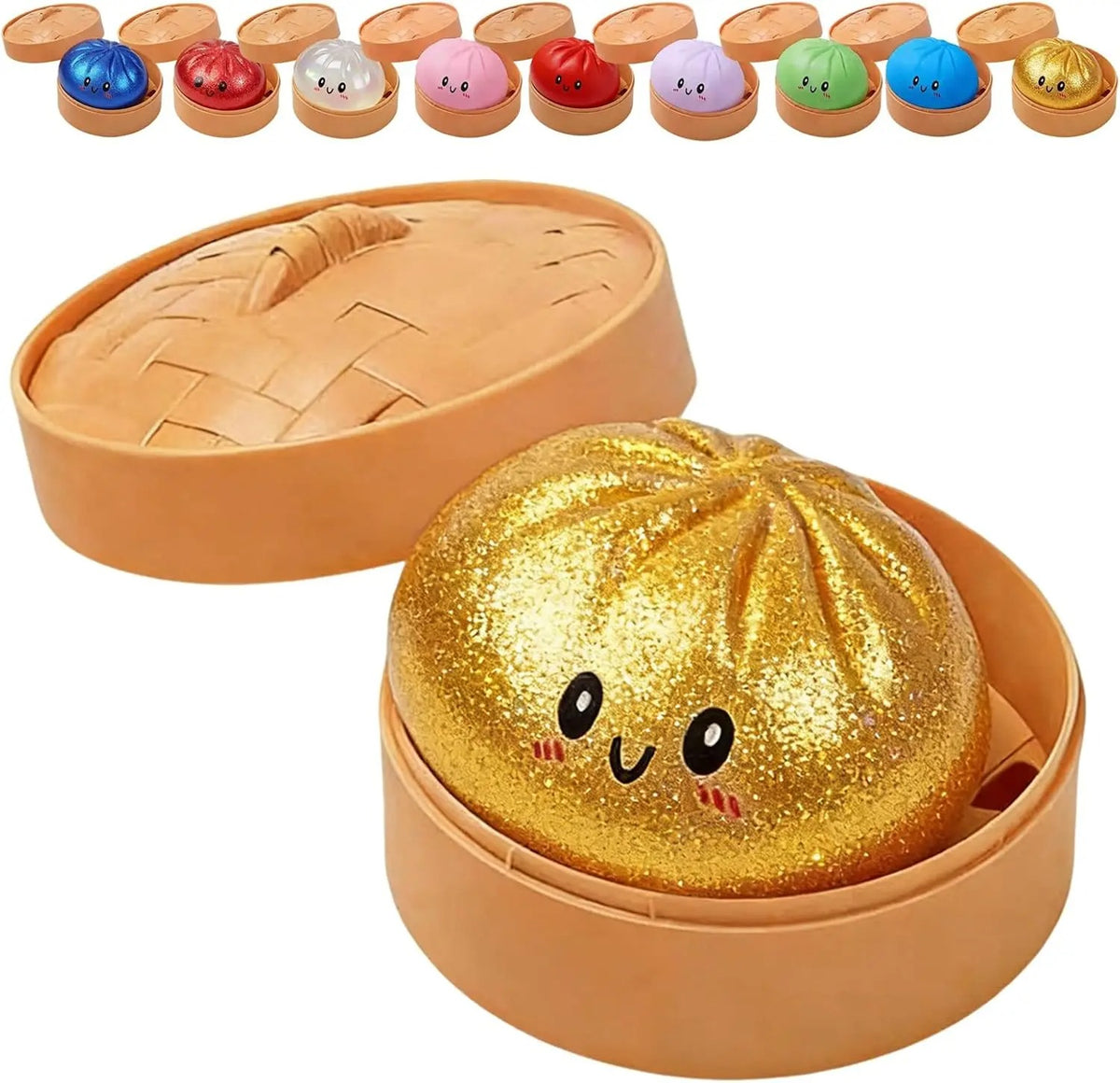 9 Colours Dumpling Squishy Blind Box – Secret Glitter Edition with Bamboo Steamer