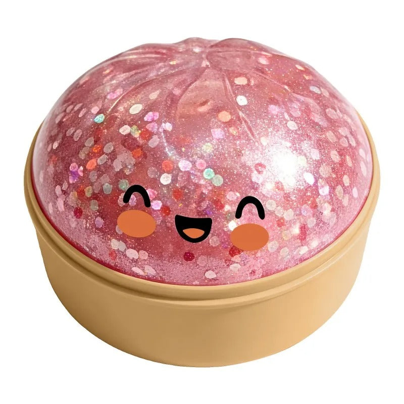 6 Colours Glitter Dumpling Squishy Set – Kawaii Slow Rising Sensory Toys with Bamboo Steamers