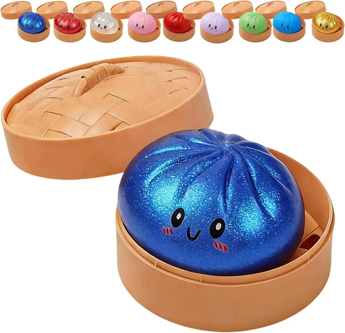 9 Colours Dumpling Squishy Blind Box – Secret Glitter Edition with Bamboo Steamer
