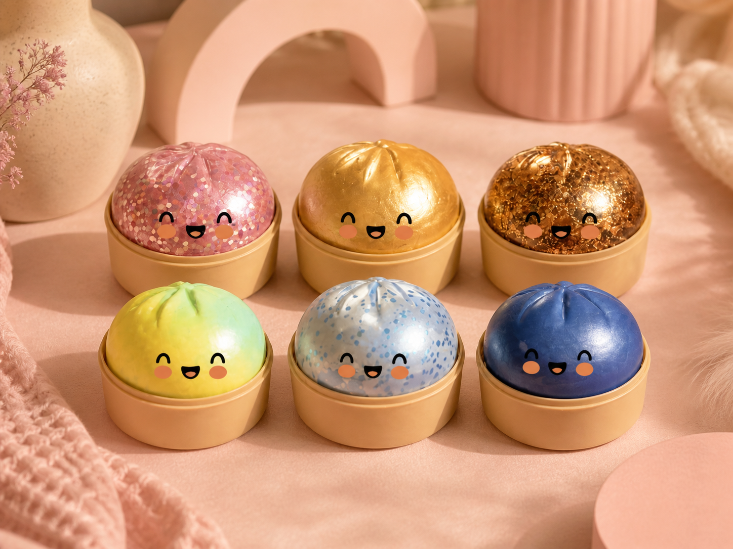 A colourful collection of cute dumpling squishies